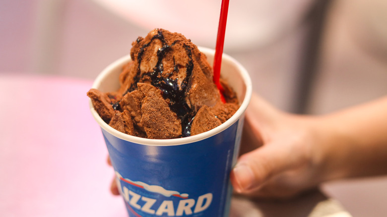 Close-up of a chocolate Blizzard with hot fudge