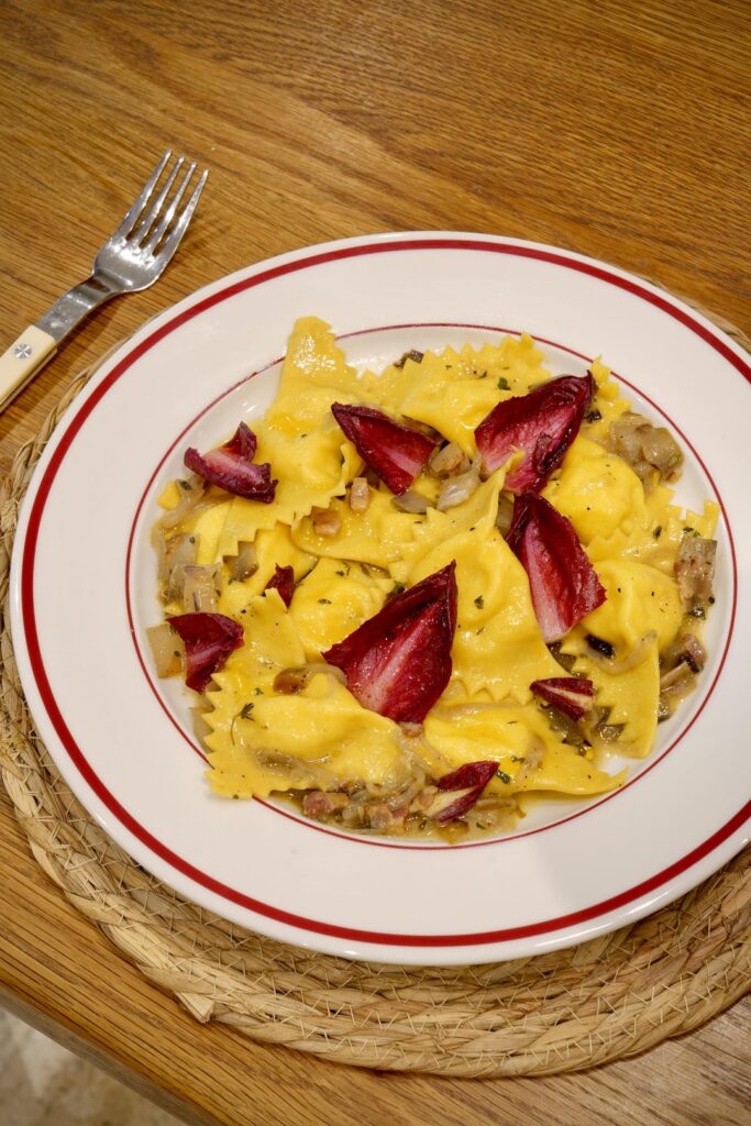 Goats’ Cheese & Potato Triangoli, with Braised Chicory & Shallot